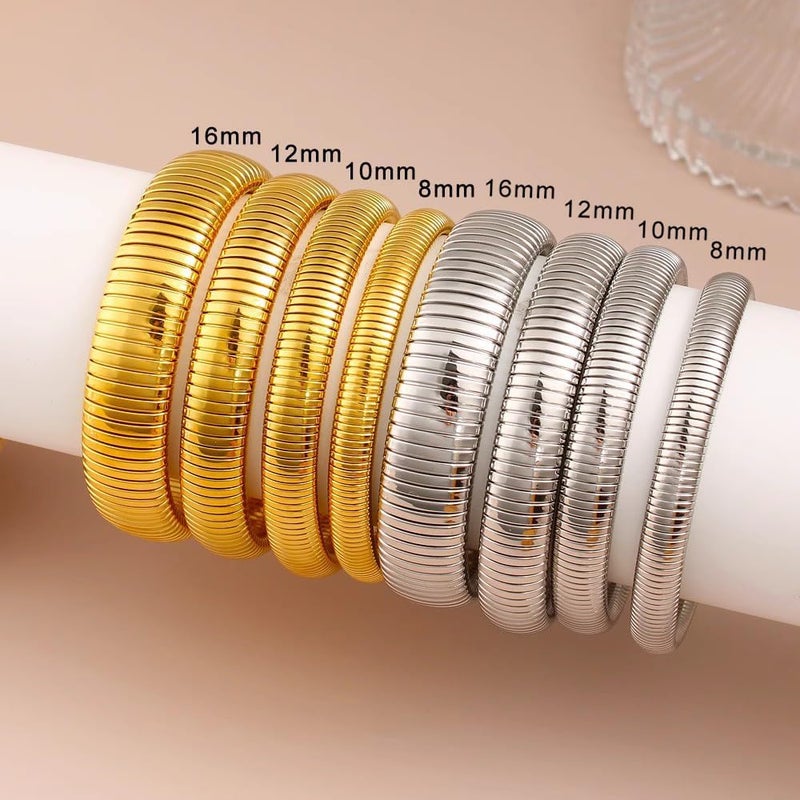 JUNYANGY Gold Bangles for Women Set of 3 Chunky Stretch Bangles Bracelets 24K Gold Plated Stainless Steel Bracelets Flexible Wide Stack Bracelets Designer Look Alike Jewelry for Women - Image 4